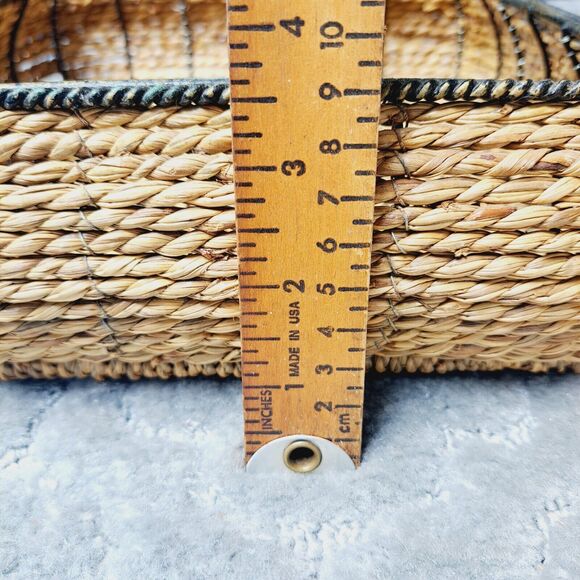 Square Wicker Nesting Baskets LOT OF 2 BLACK METAL HANDLES TRIM rustic cottage - Picture 9 of 11